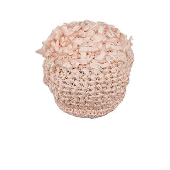 VTG Peach Knit Flapper Bonnet Hat Grosgrain Ribbon 1920s Beach Style Cap - Picture 3 of 11